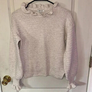 Madewell Ruffle-Neck Pullover Sweater in Cotton-Merino Yarn in Heather Oak Sz XS
